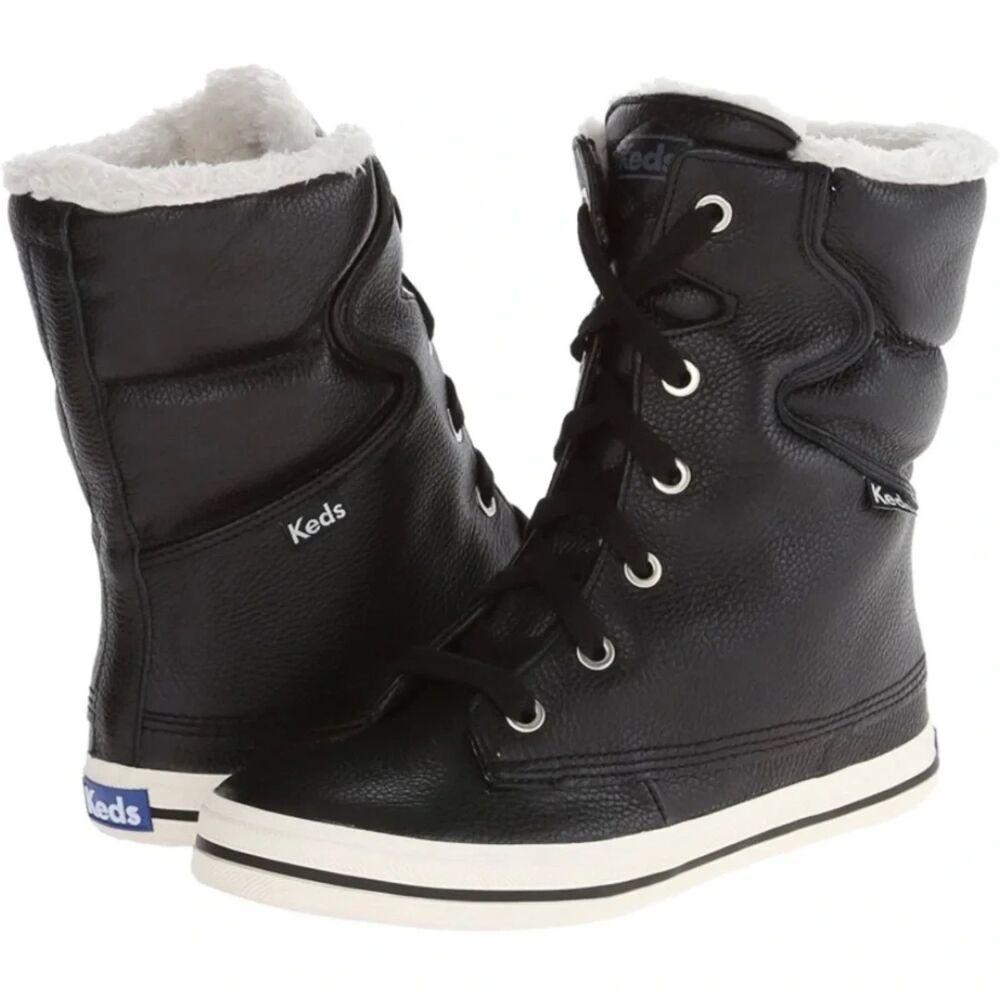 Keds Droplet Black Leather Quilted Winter Boots White Sole Size EUC